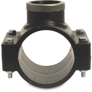 Anbohrschelle PP 75 mm x 1 1/4" Klemmschalen x Innengewinde 12.5bar Schwarz type Edelstahl Ring